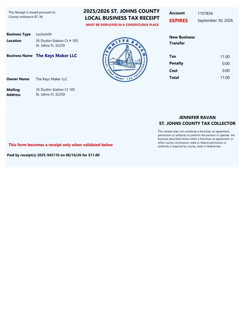 St. Johns County Local Business Tax Receipt for The Keys Maker LLC, license B.L1101834